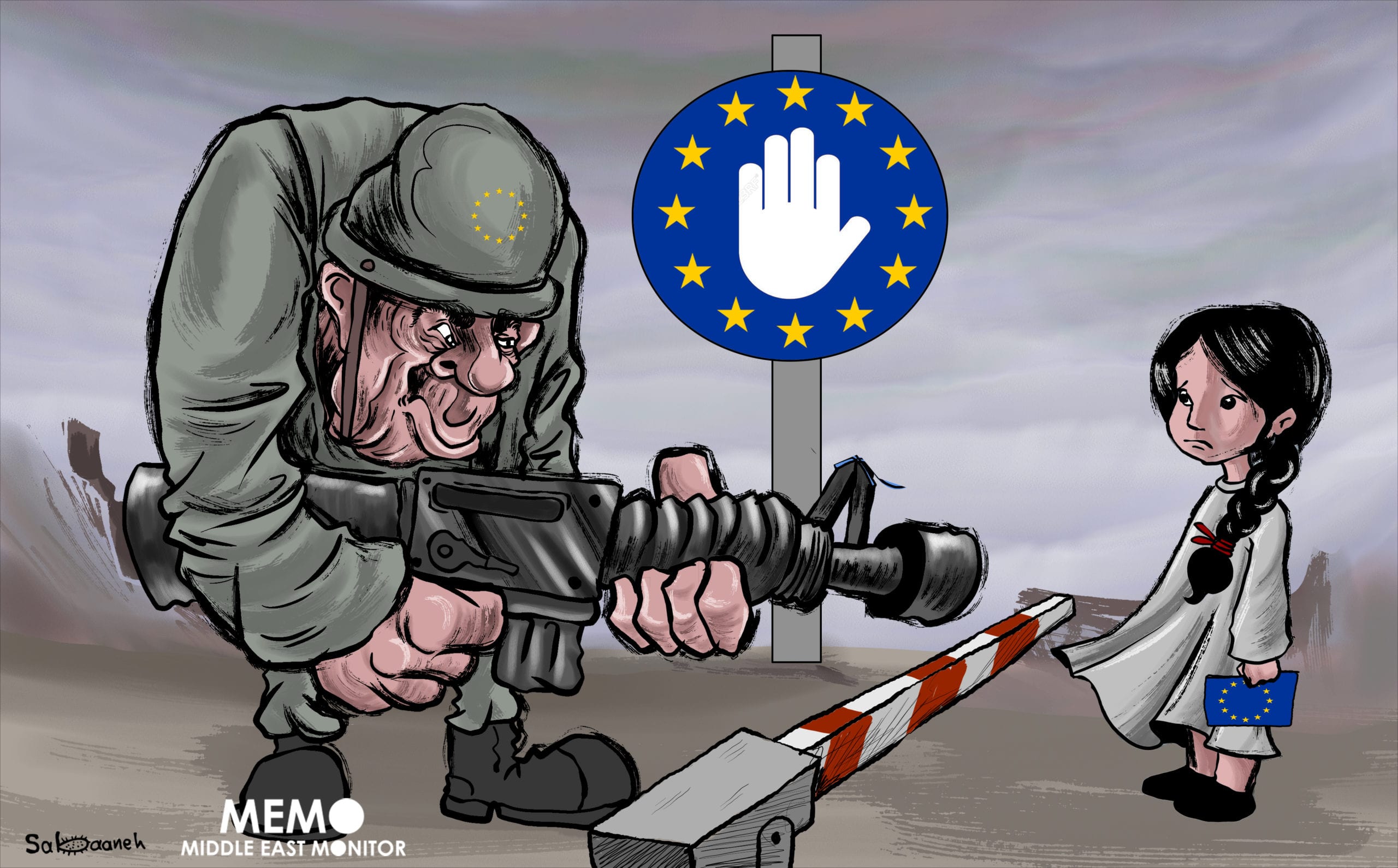 Many European citizens went to fight in Syria/Iraq and had children there, now EU countries are facing a decision over whether to bring them home or not - Cartoon [Sabaaneh/MiddleEastMonitor]