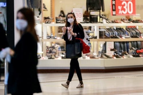 Istanbul Turkey May 11 People Wearing Face Masks Walk Inside A Mall